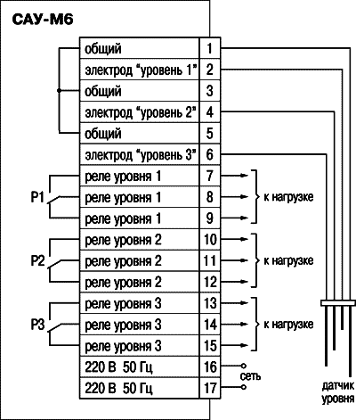 Схема подключения сигнализатора уровня САУ-М6