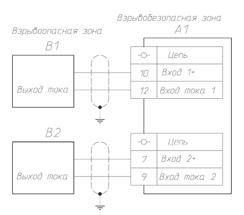 Схема подключений к приборам двухпроводных датчиков с токовым выходом от 4 до 20 мА